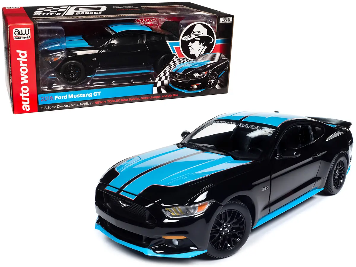 2015 Ford Mustang Gt 5.0 Black With Petty Blue Stripes "Petty's Garage" 1/18 Diecast Model Car By Auto World 1