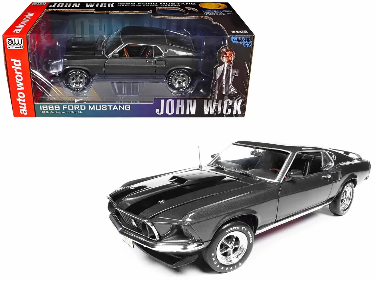 1969 Ford Mustang Dark Gray Metallic With Black Stripes "John Wick" (2014) Movie "Silver Screen Machines" Series 1/18 Diecast Model Car By Autoworld 1