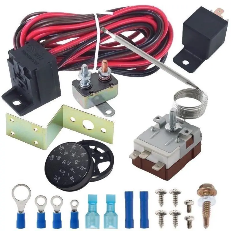 Electric Radiator Fan Adjustable Dial Thermostat Relay Wiring Switch Kit 1