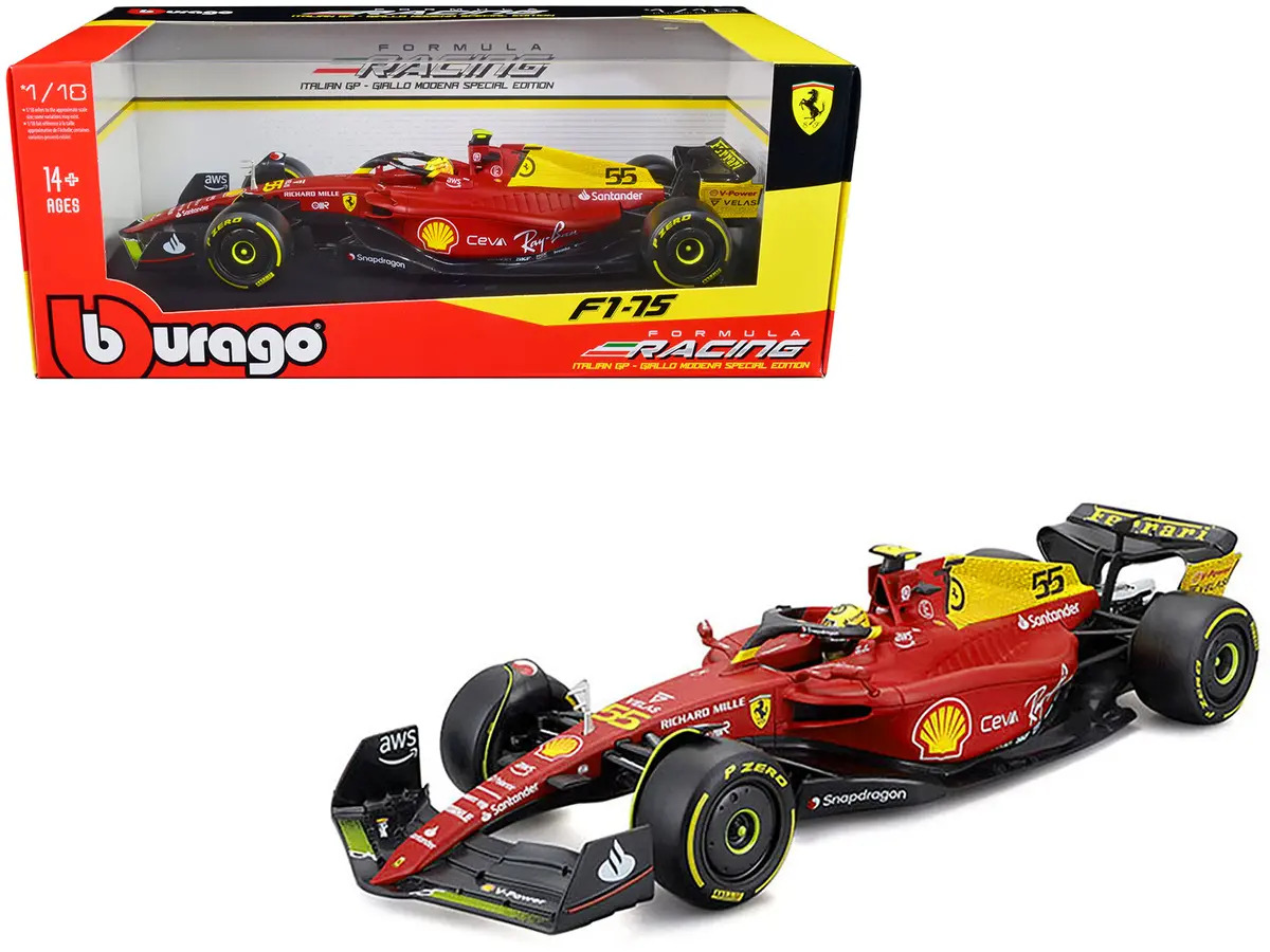 Ferrari F1-75 #55 Carlos Sainz "Giallo Modena" Formula One F1 Italian Gp (2022) "Formula Racing" Series 1/18 Diecast Model Car By Bburago 1