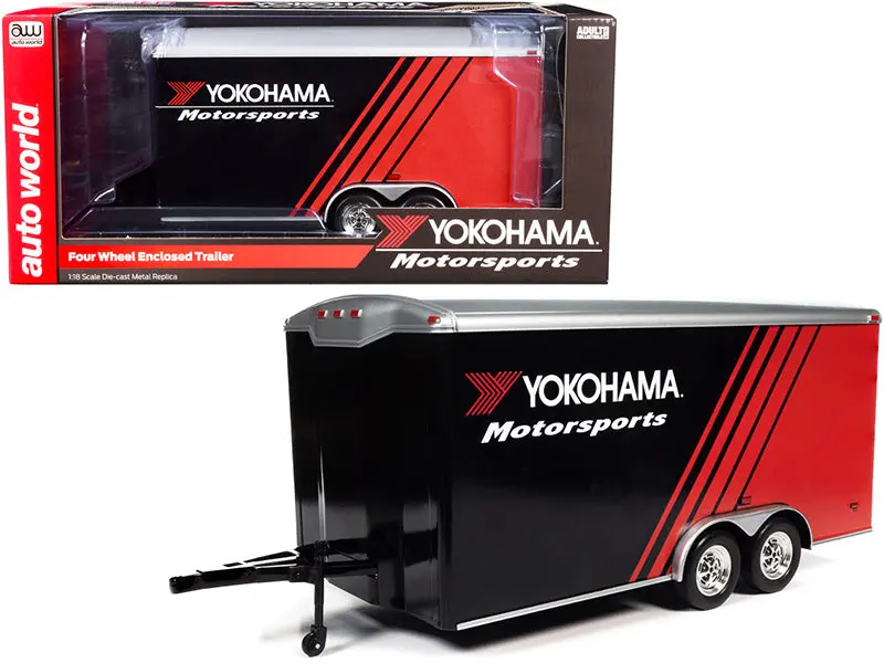 Four Wheel Enclosed Car Trailer "Yokohama Motorsports" Black And Red For 1/18 Scale Model Cars By Autoworld 1