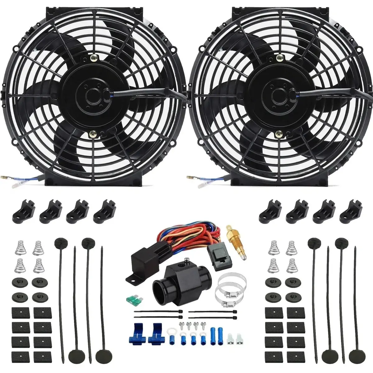 Dual 10-11 Inch 130W Electric Fans Radiator Grounding Thermostat Switch Kit 1