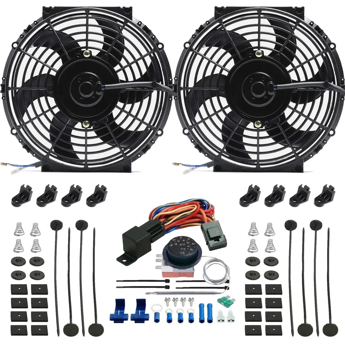 Dual 10-11 Inch 130W Radiator Fans Adjustable Thermostat Switch Control Kit 1