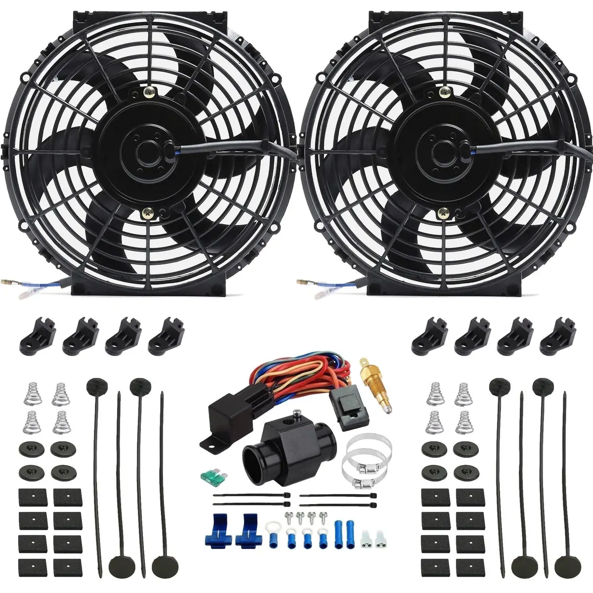 Dual 10-11 Inch 90W Electric Fans In-Hose Grounding Thermostat Wiring Kit 1