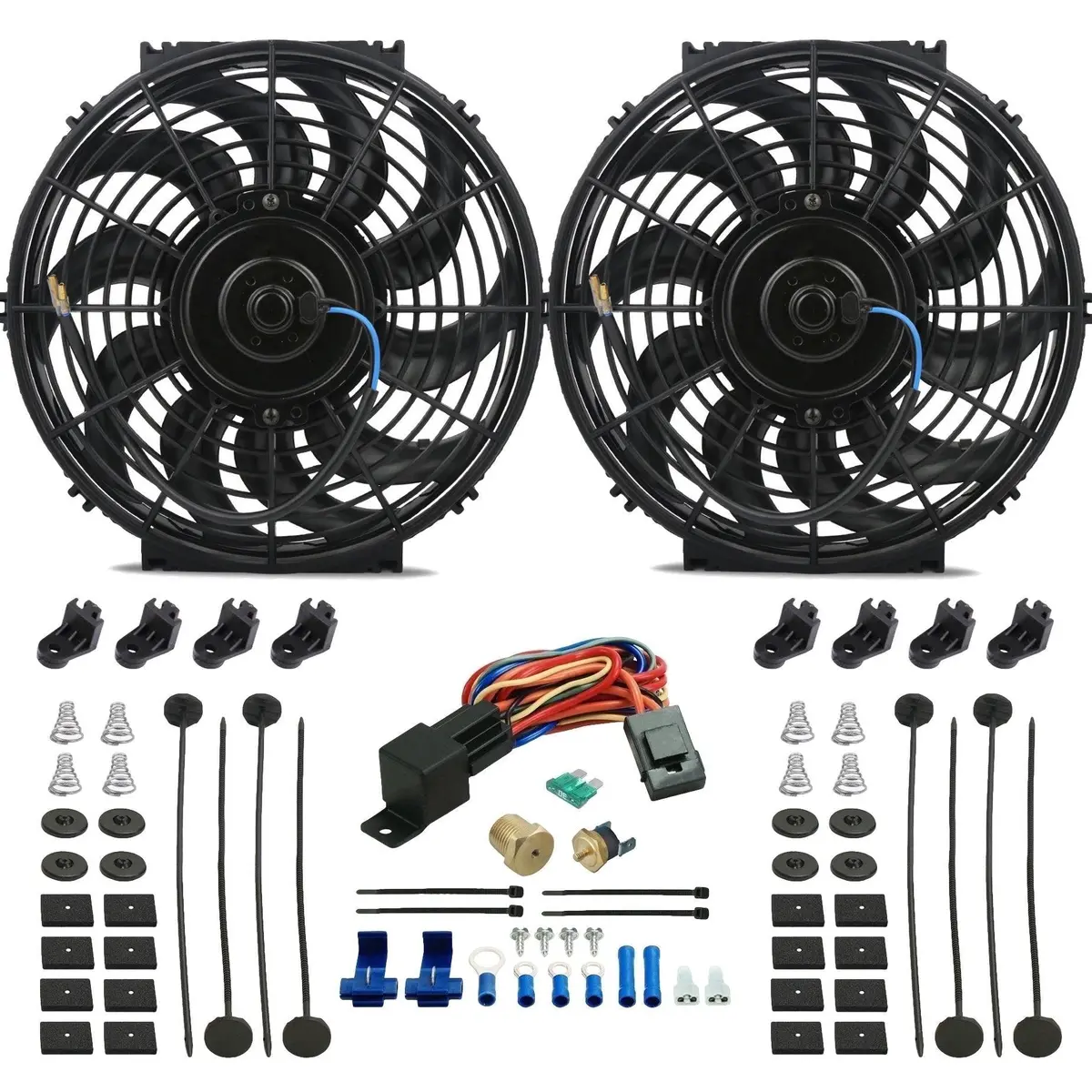 Dual 12-13 Inch 90W Electric Engine Cooling Fan Thermostat Temp Switch Kit 1