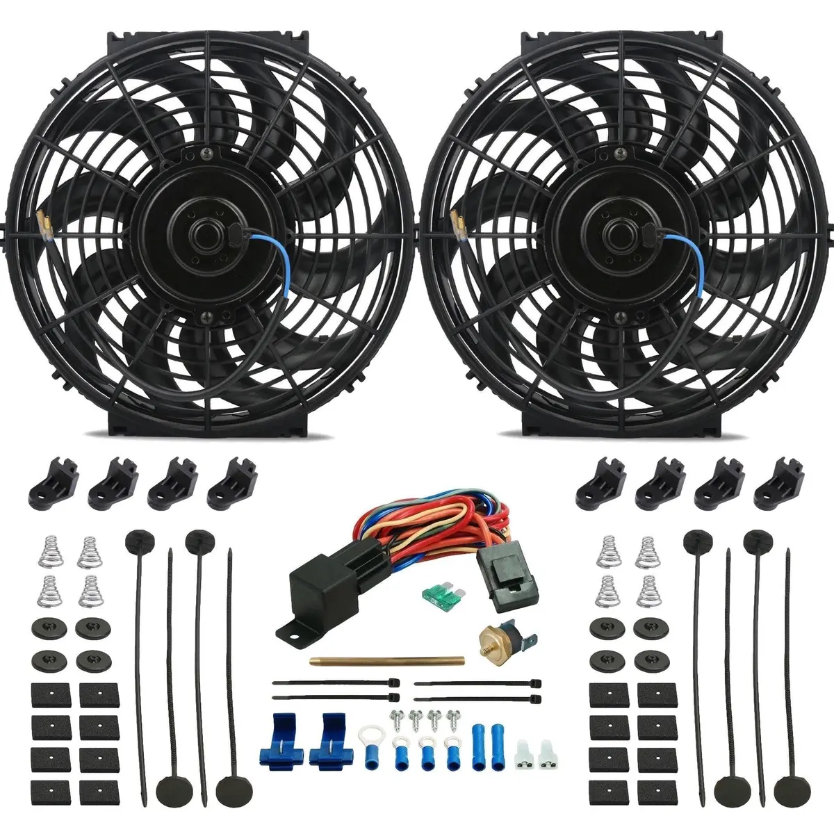 Dual 12-13 Inch 90W Electric Radiator Fans Fin Probe Thermostat Switch Kit 1