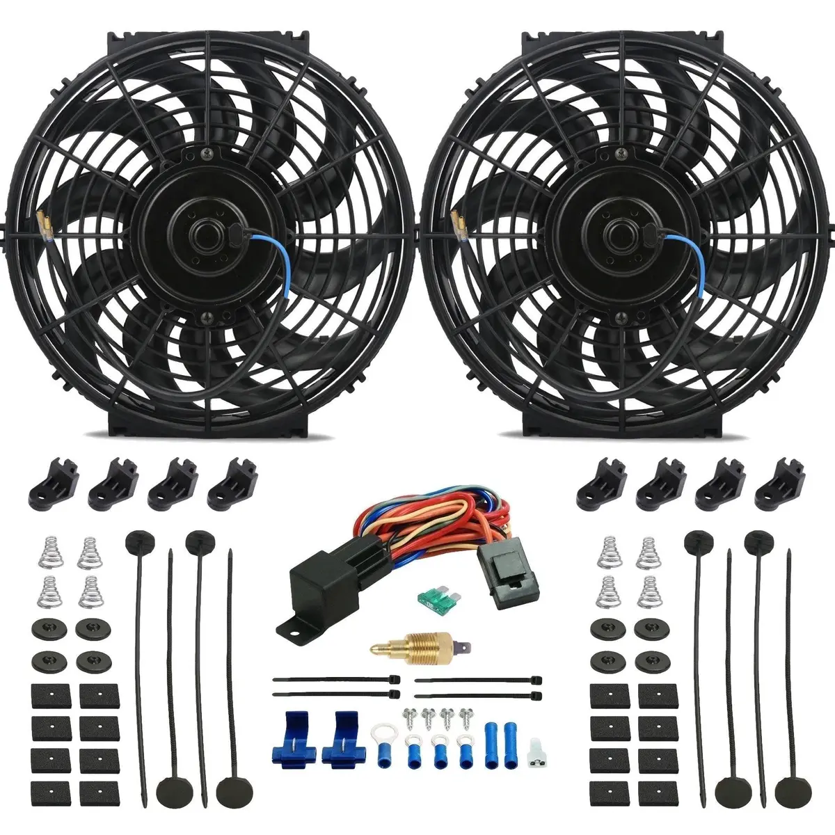 Dual 12-13 Inch 90W Reversible Electric Radiator Fan Temperature Switch Kit 1