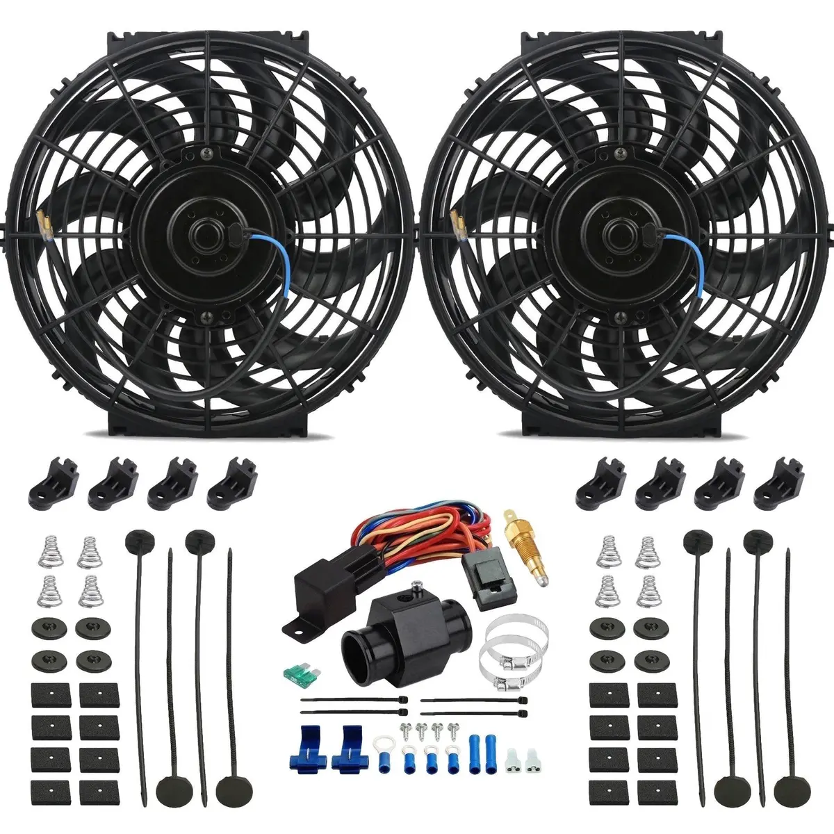 Dual 12-13 Inch 90W Electric Fans Radiator In-Hose Grounding Temp Switch Kit 1