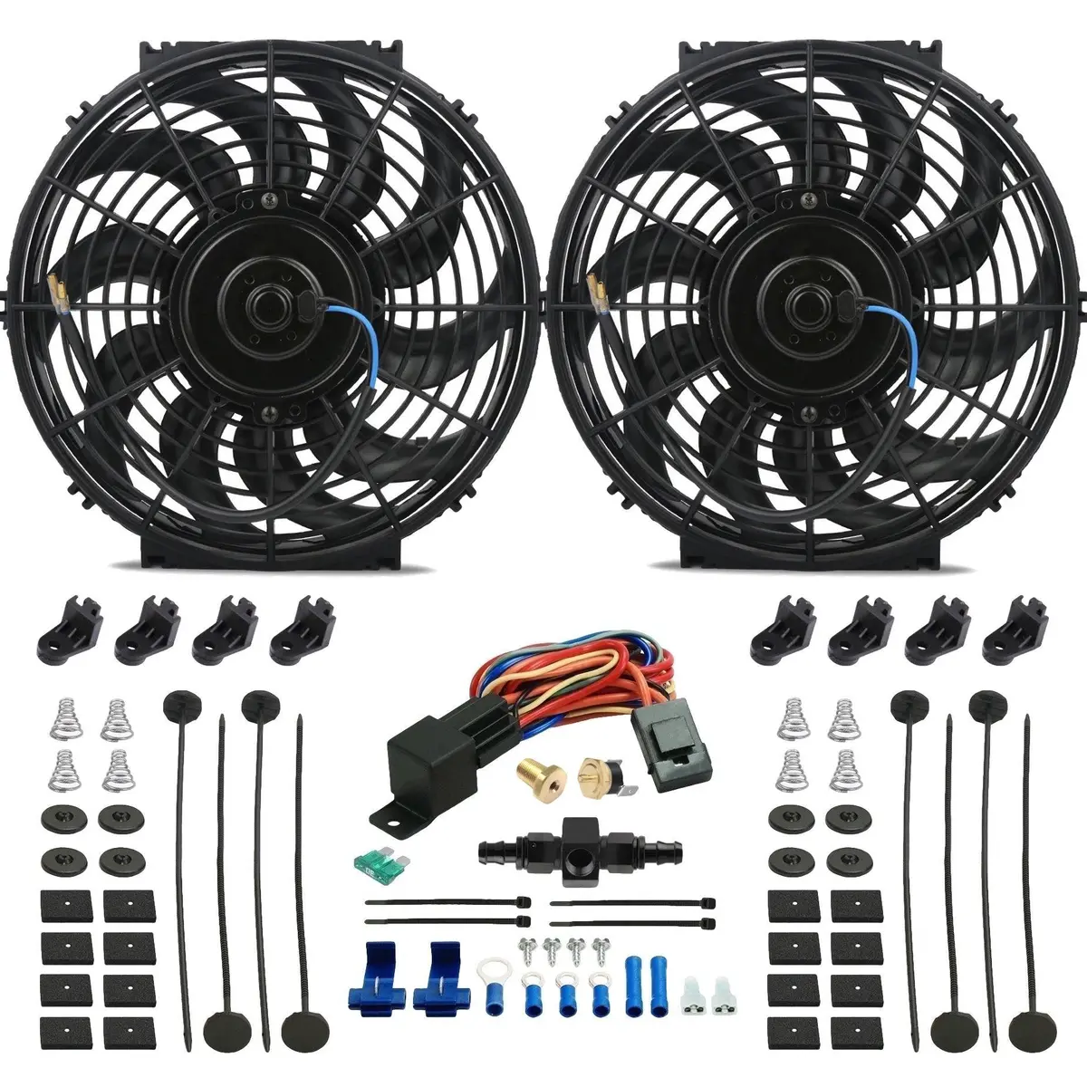 Dual 12-13 Inch 90W Electric Cooling Fans In-Hose Fitting Thermostat Switch 1