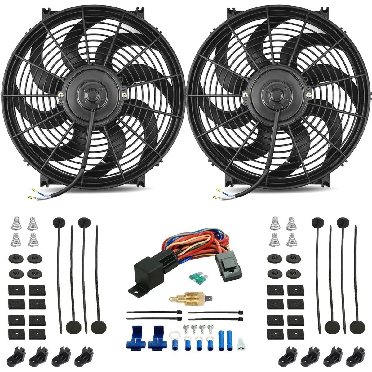 Dual 14-15 Inch 130W Electric Fan Grounding Thermostat Switch Wiring Kit 1