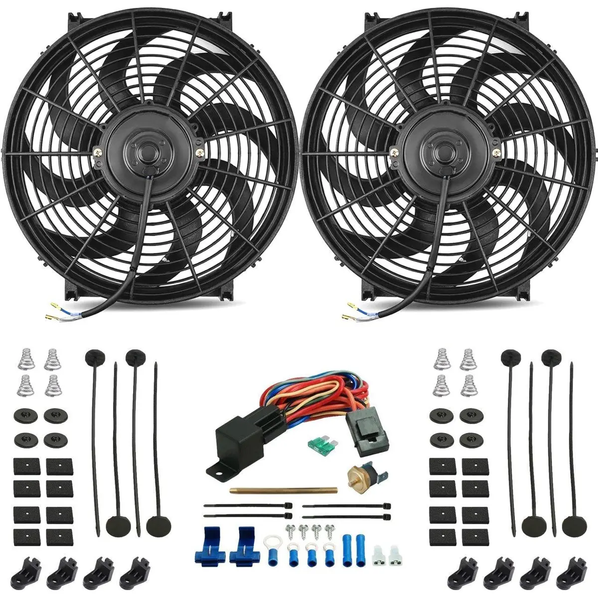 Dual 14-15 Inch Electric Cooling Fans Push-In Probe Thermostat Temp Switch 1