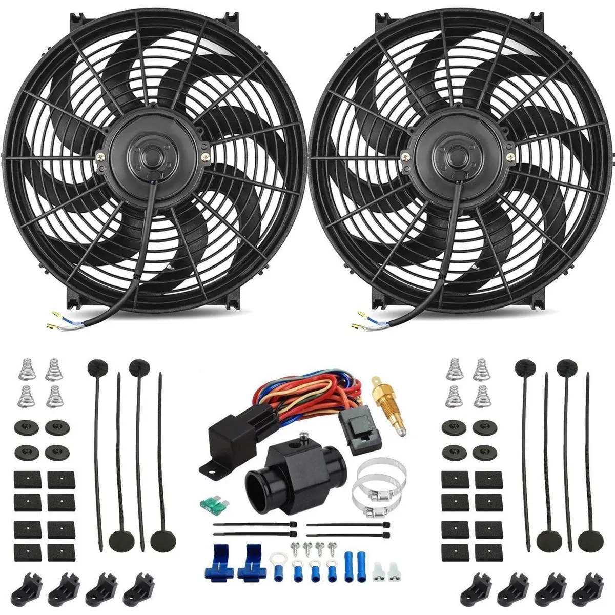 Dual 14-15 Inch Electric Cooling Fans Radiator In-Hose Ground Temp Switch Kit 1