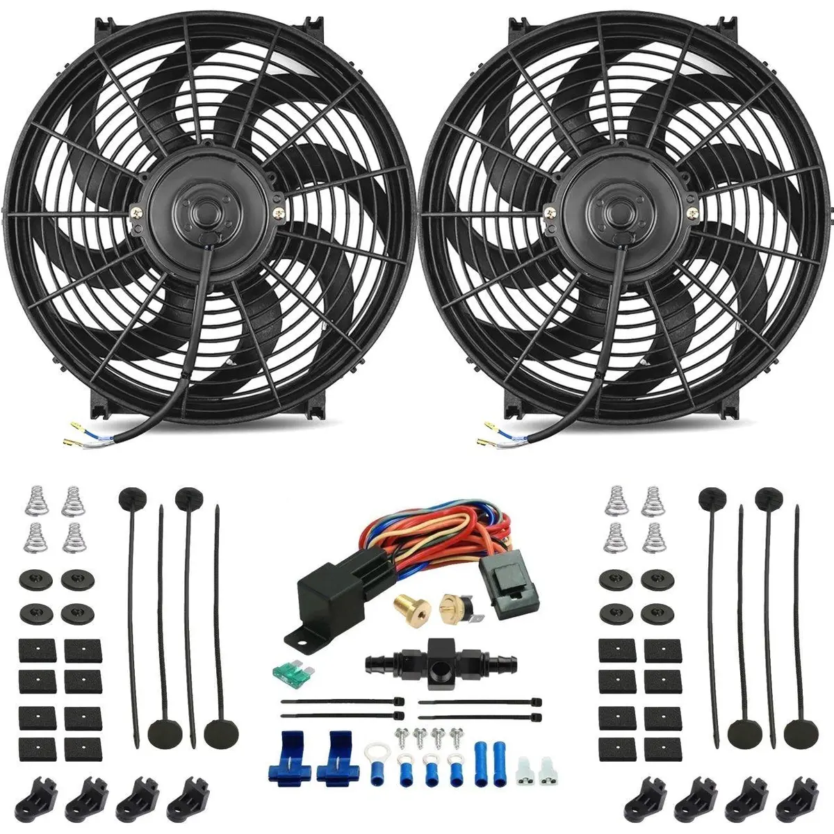 Dual 14-15 Inch 130W Electric Radiator Fans In-Hose Thermostat Switch Kit 1