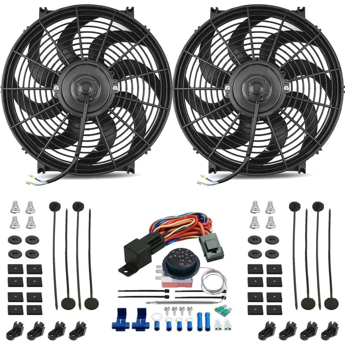 Dual 14-15 Inch 130W Electric Radiator Fans Adjustable Temp Controller Kit 1