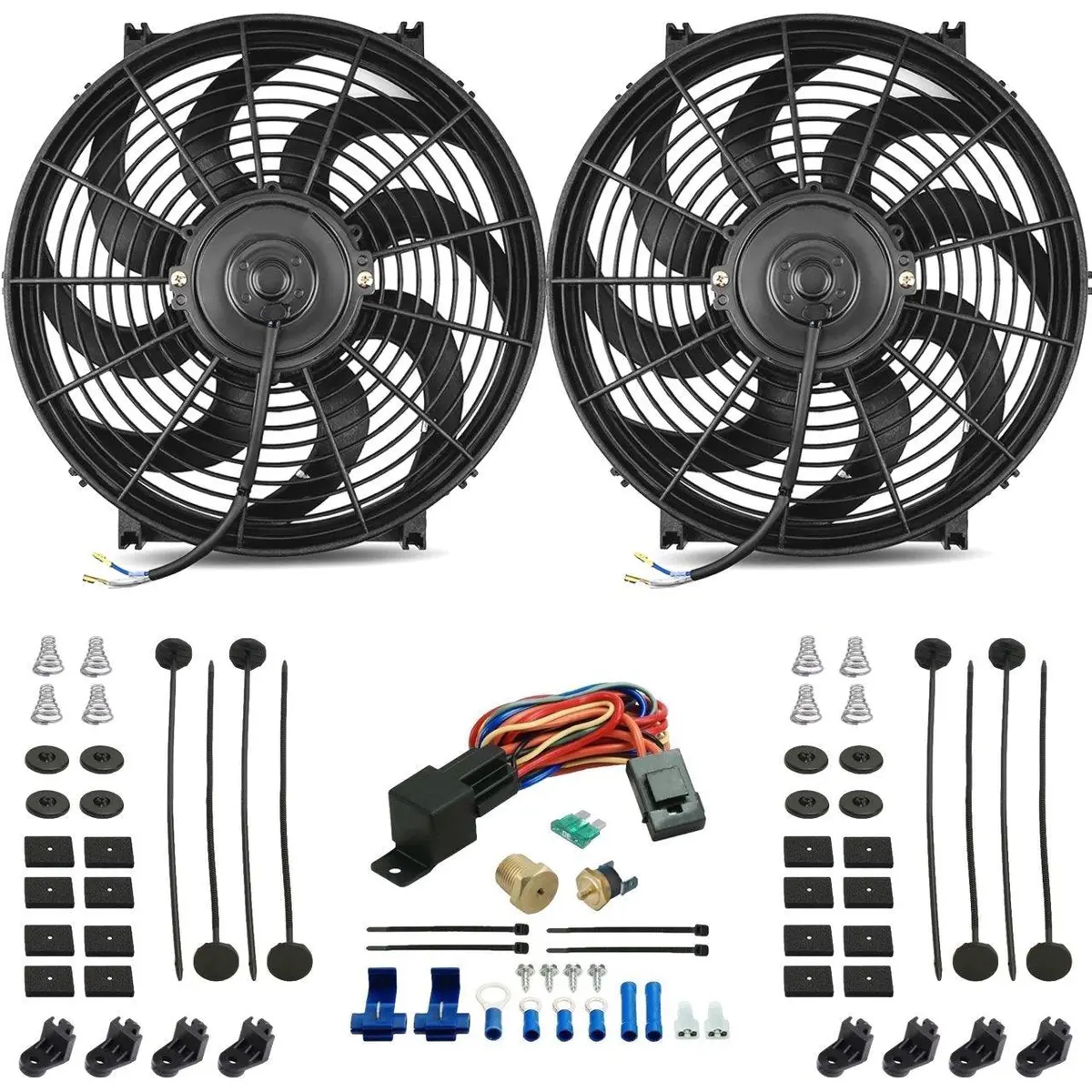 Dual 14-15 Inch Electric Radiator Fans Thread-In Thermostat Switch Wire Kit 1