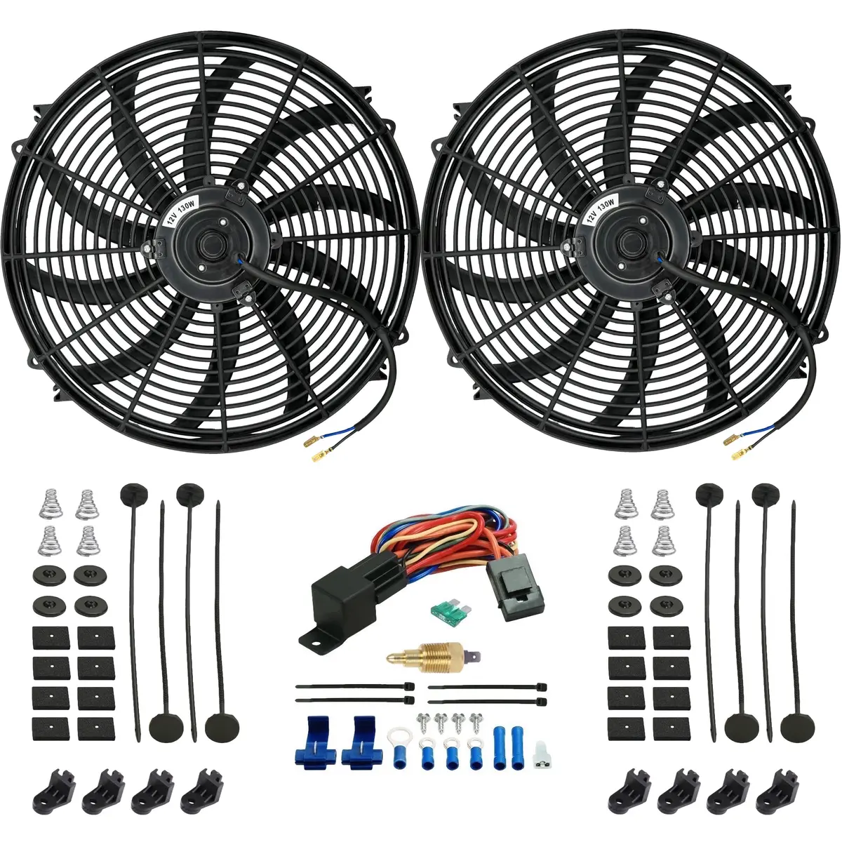 Dual 16-17 Inch 130W Electric Radiator Fans Grounding Thermostat Switch Kit 1