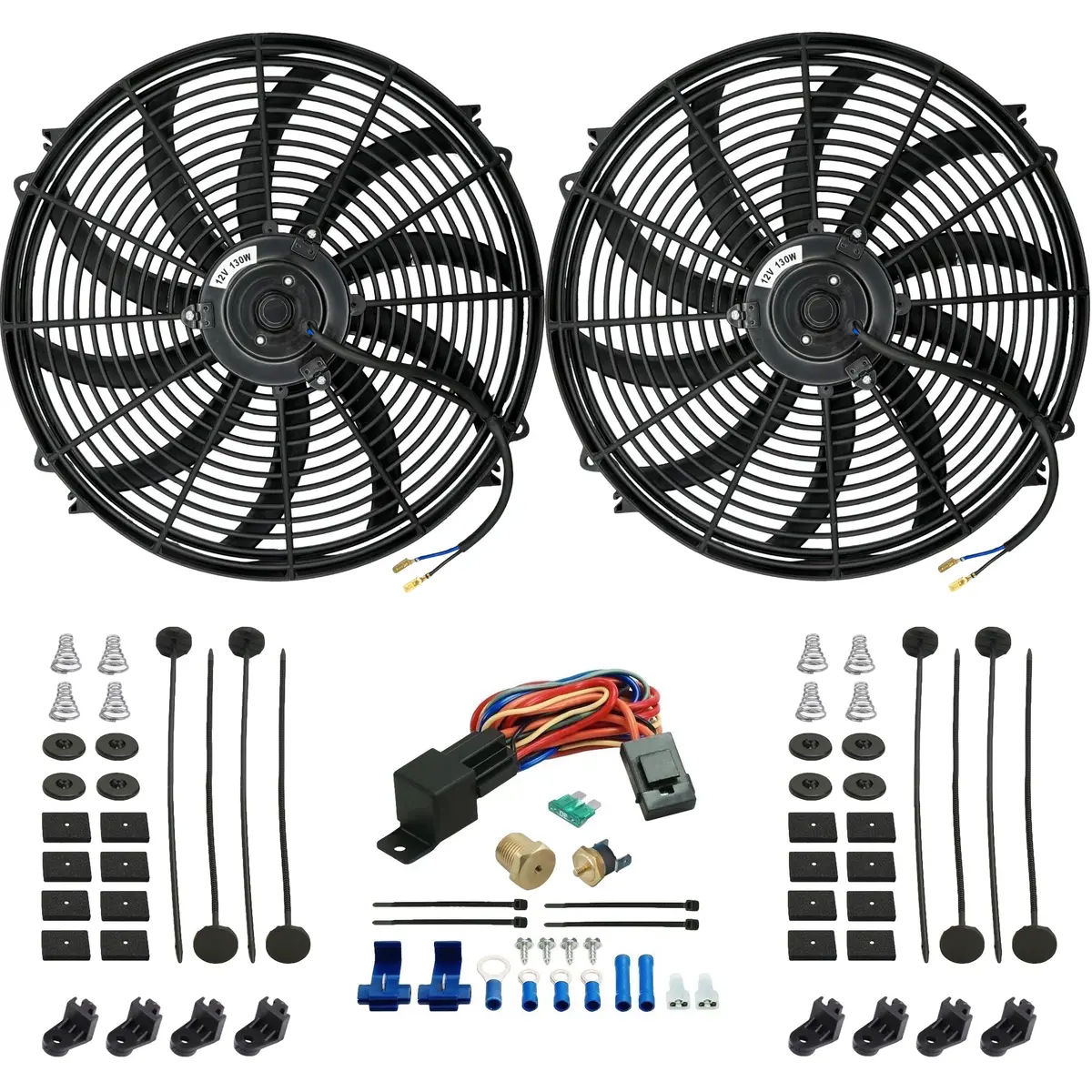 Dual 16-17 Inch 130W Electric Cooling Fans Temperature Switch Wiring Kit 1