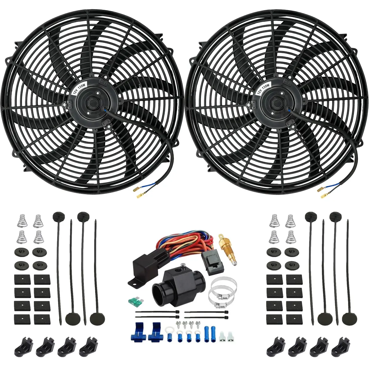 Dual 16-17 Inch Electric Fans Radiator Hose In-Line Ground Temp Switch Kit 1