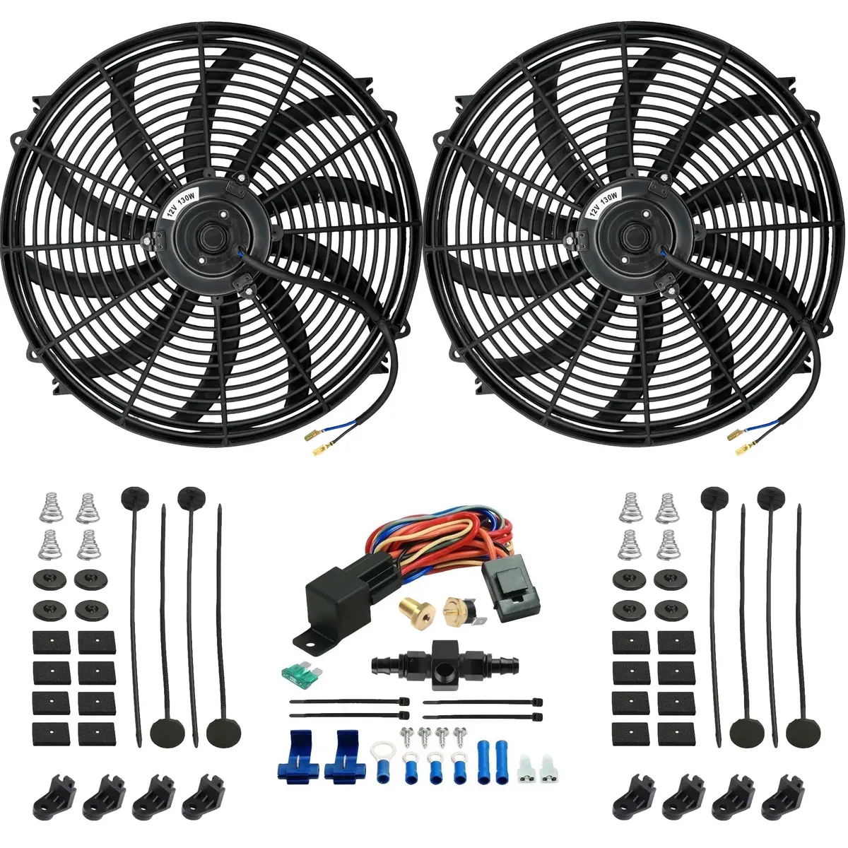 Dual 16-17 Inch Electric Radiator Fans In-Hose Thermostat Temp Switch Kit 1