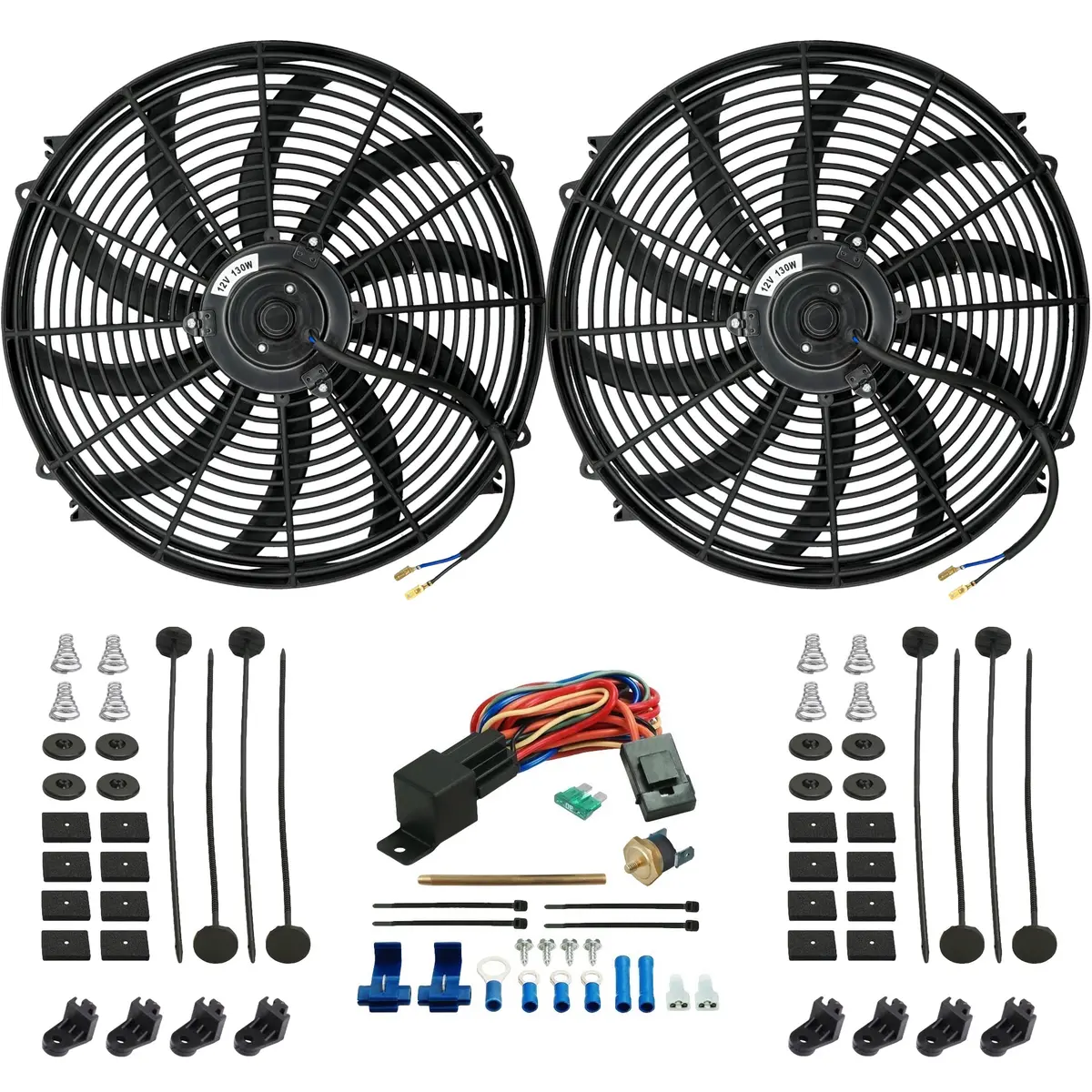 Dual 16-17 Inch Electric Radiator Fans Push-In Probe Thermostat Wiring Kit 1