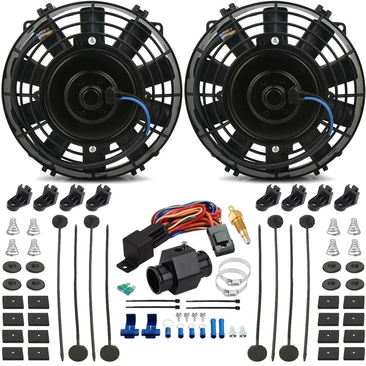 Dual 6 Inch 90W Electric Fans In-Line Ground Thermostat Switch Wiring Kit 1