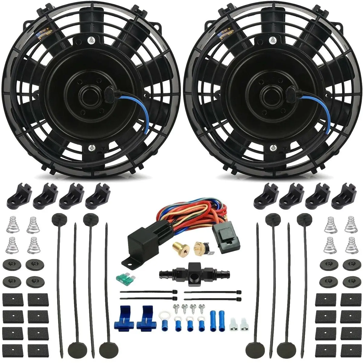 Dual 6 Inch 90W Electric Cooling Fans In-Hose Thermostat Temp Switch Kit 1
