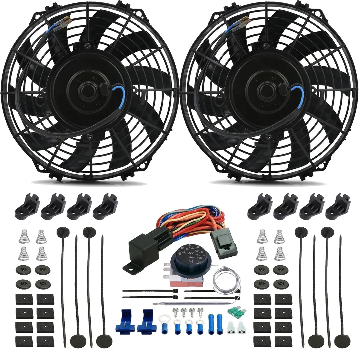 Dual 9 Inch 90W Electric Fans Adjustable Thermostat Controller Switch Kit 1