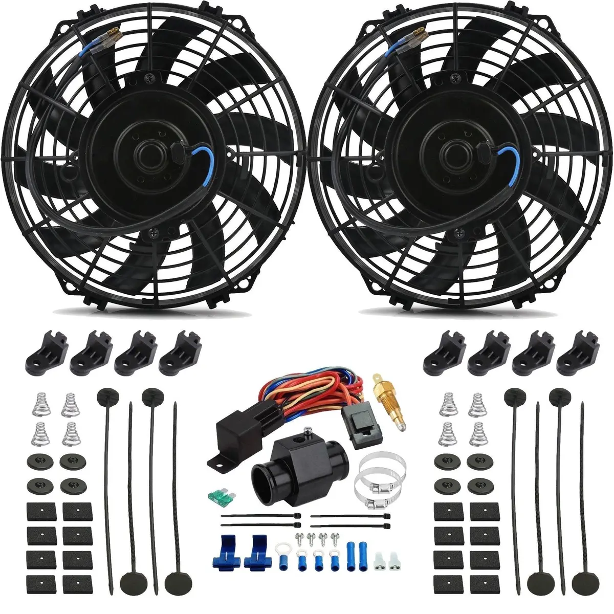 Dual 9 Inch Electric Fans Radiator Hose Line Grounding Thermostat Switch 1