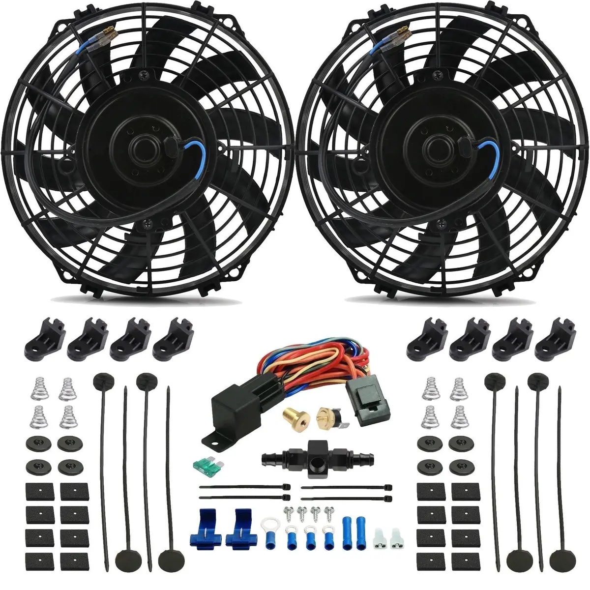 Dual 9 Inch 90W Electric Fans In-Hose Thermostat Temperature Switch Kit 1