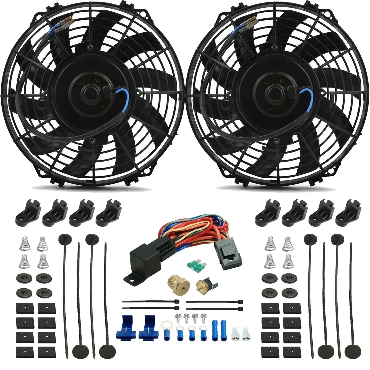 Dual 9 Inch 90W Electric Cooling Fans Npt Threaded Thermostat Switch Kit 1