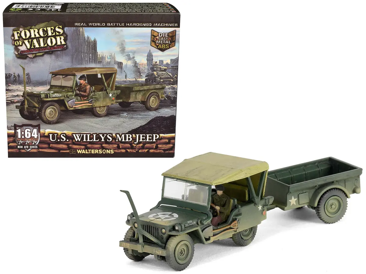 Willys Mb Jeep With Trailer Olive Drab (Weathered) With Driver Figure "United States Army" "Mini Afv" Series 1/64 Diecast Model By Forces Of Valor 1