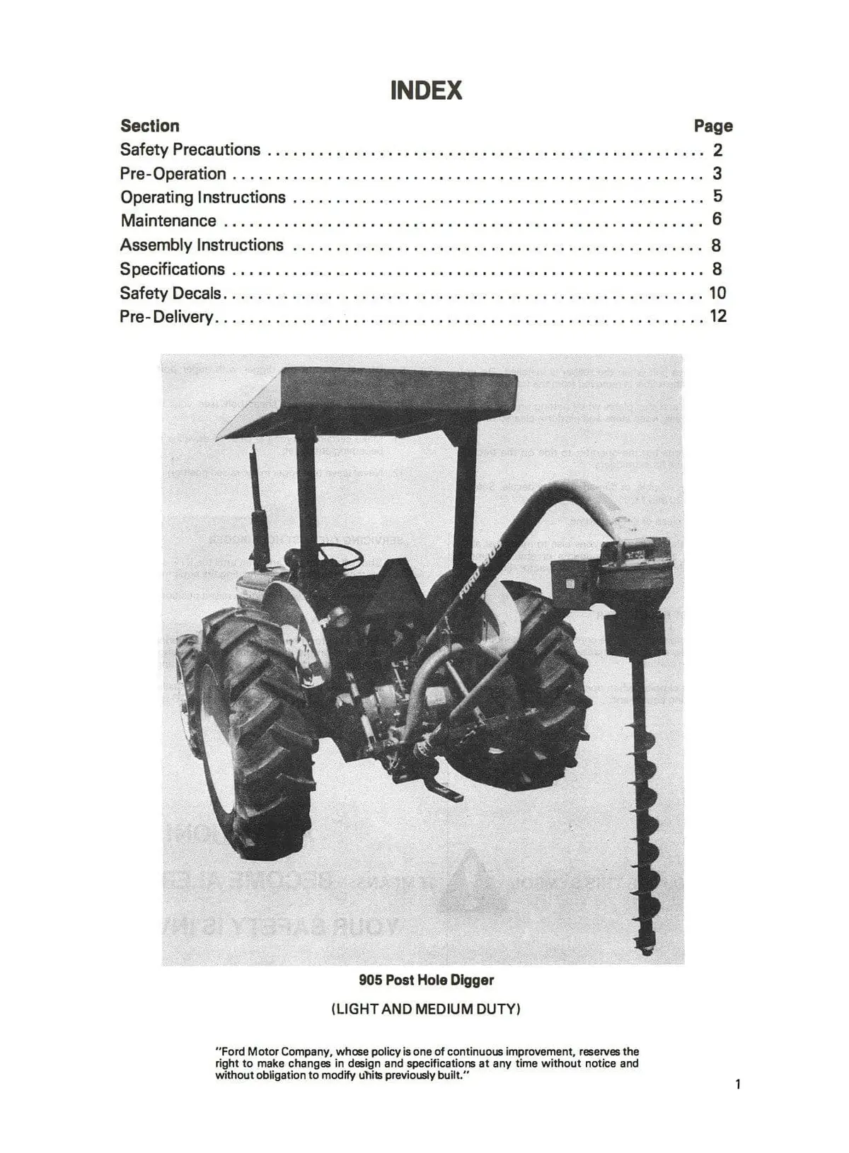Ford Series 905 Light & Medium Duty Post Hole Digger - Operator's Manual 2