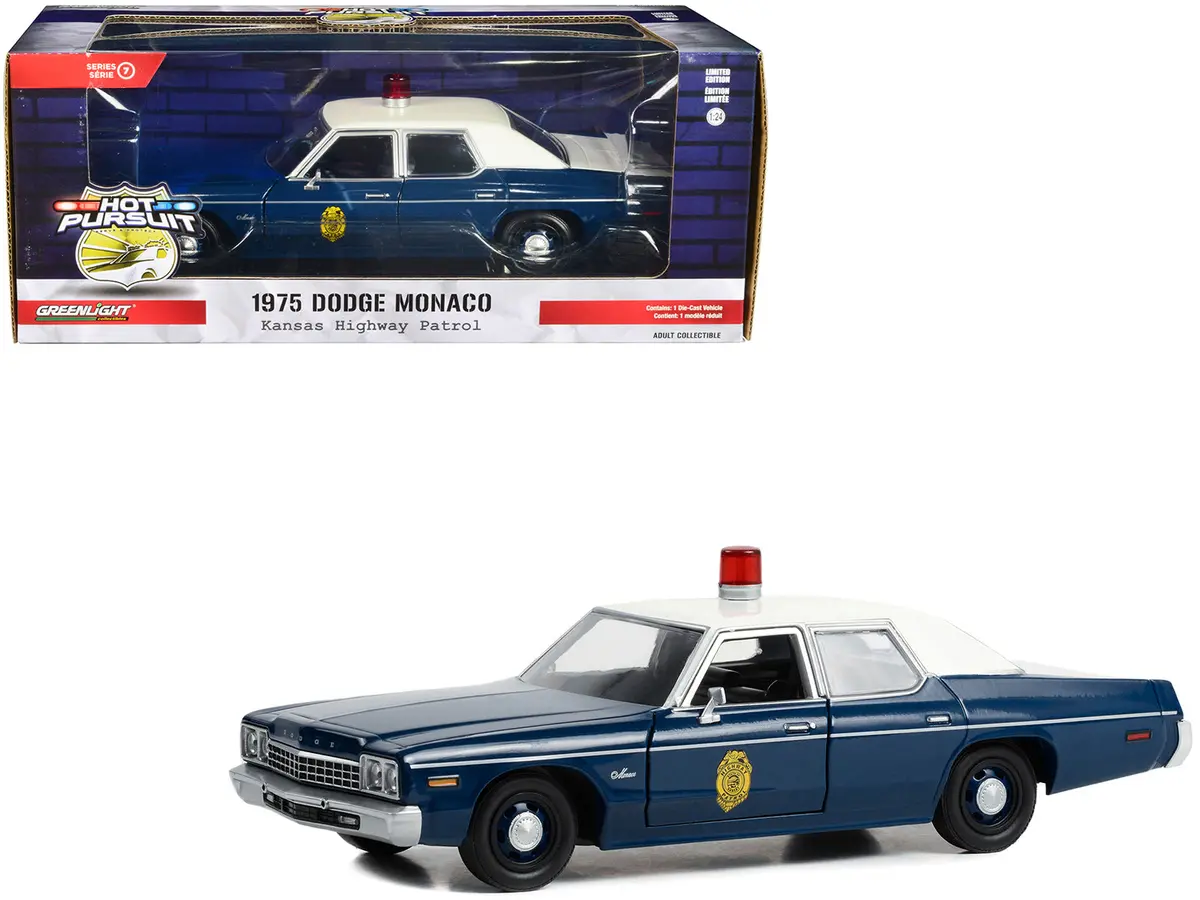1975 Dodge Monaco Dark Blue With White Top "Kansas Highway Patrol" "Hot Pursuit" Series 1/24 Diecast Model Car By Greenlight 1