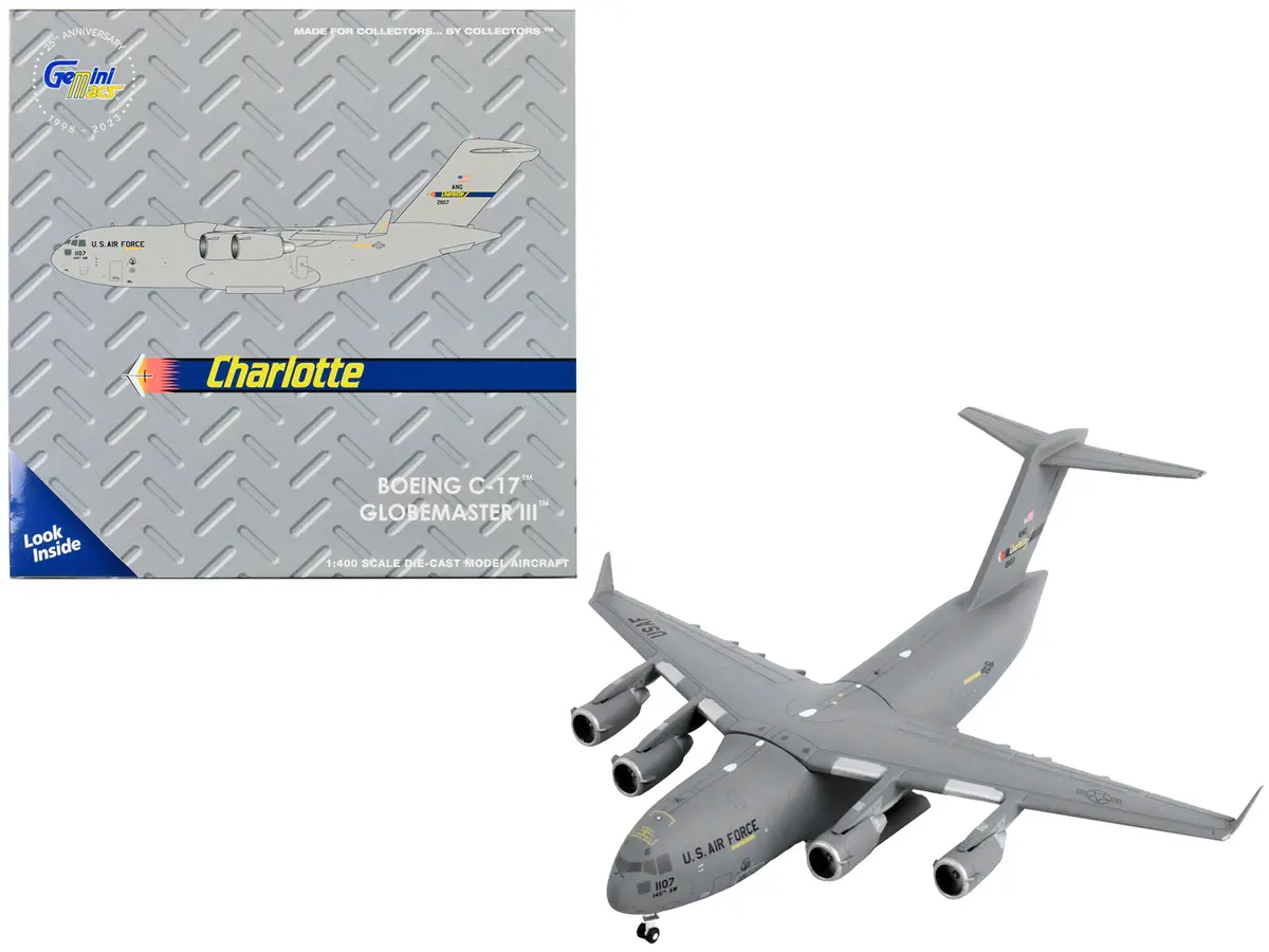 Boeing C-17 Globemaster Iii Transport Aircraft "Charlotte Air National Guard - United States Air Force" Gray "Gemini Macs" Series 1/400 Diecast Model Airplane By Geminijets 1