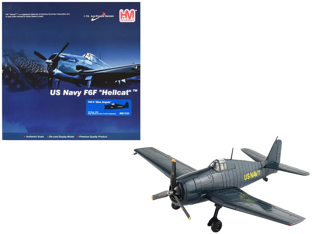 Grumman F6f-5 Hellcat Fighter Aircraft "Blue Angels #1-4 Decals" (1946) United States Navy "Air Power Series" 1/72 Diecast Model By Hobby Master 1