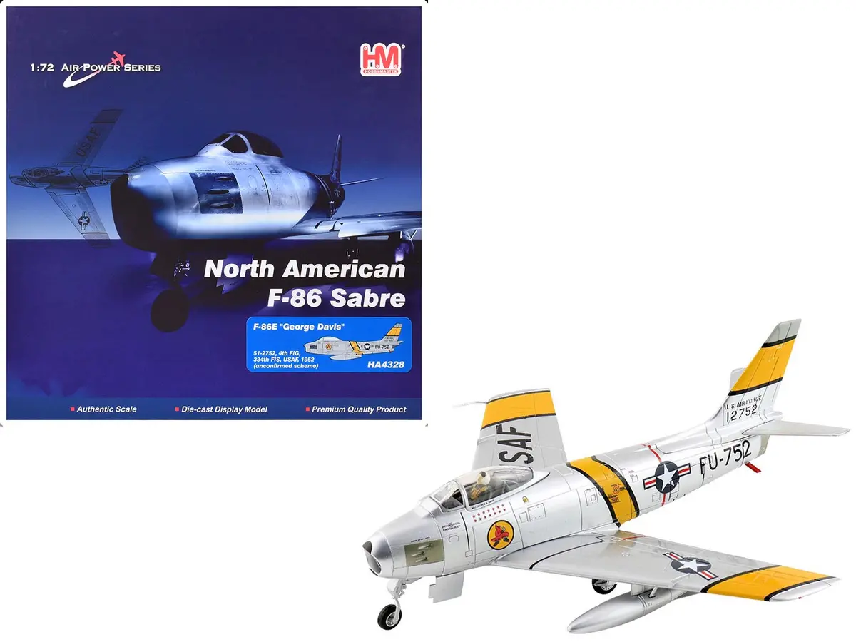 North American F-86E Sabre Fighter Aircraft "51-2752 Colonel George Andrew Davis Jr. 4Th Fig 334Th Fis" (1952) United States Air Force "Air Power Series" 1/72 Diecast Model By Hobby Master 1