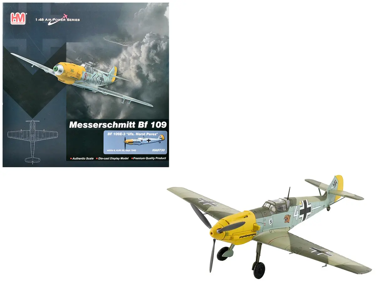 Messerschmitt Bf 109E-3 Fighter Aircraft "White 4 Unteroffizier Horst Perez 4/Jg 26" (1940) German Luftwaffe "Air Power Series" 1/48 Diecast Model By Hobby Master 1
