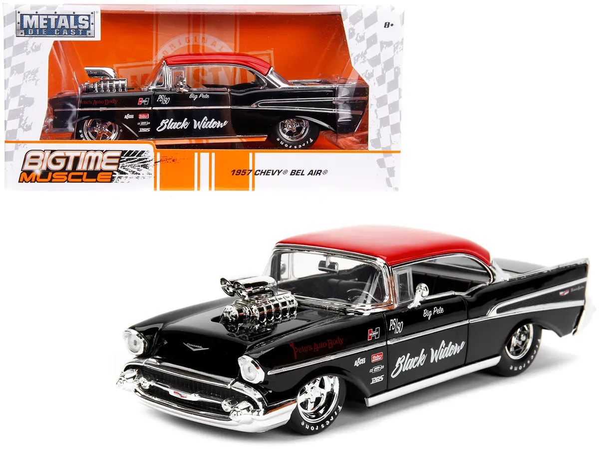 1957 Chevrolet Bel Air Black With Red Top "Pete's Auto Body: Black Widow" "Bigtime Muscle" Series 1/24 Diecast Model Car By Jada 1