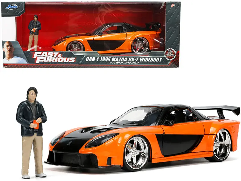 1995 Mazda Rx-7 Widebody Rhd (Right Hand Drive) Orange Metallic And Black With Han Diecast Figure "The Fast And The Furious: Tokyo Drift" (2006) Movie 1/24 Diecast Model Car By Jada 1