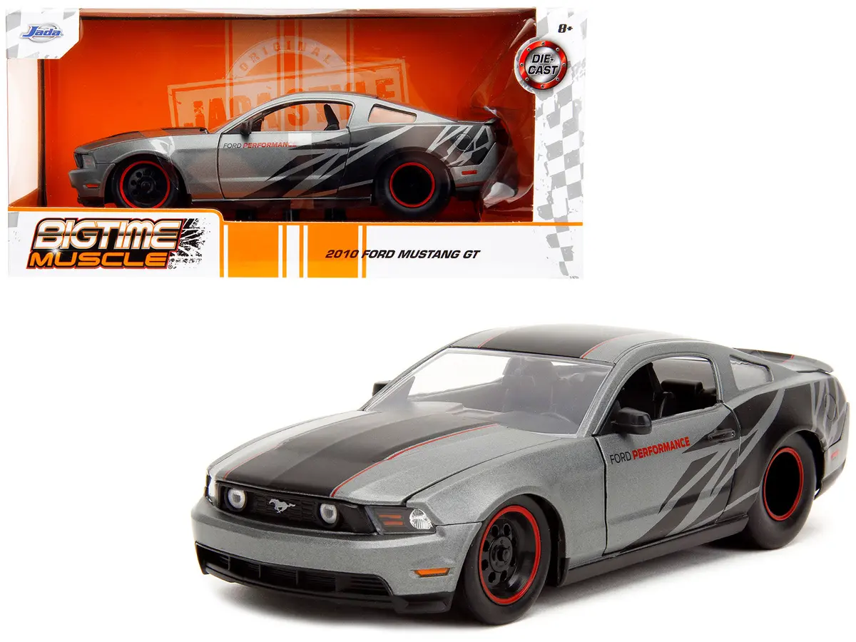 2010 Ford Mustang Gt Matt Gray Metallic With Black Graphics And Stripes "Ford Performance" "Bigtime Muscle" Series 1/24 Diecast Model Car By Jada 1
