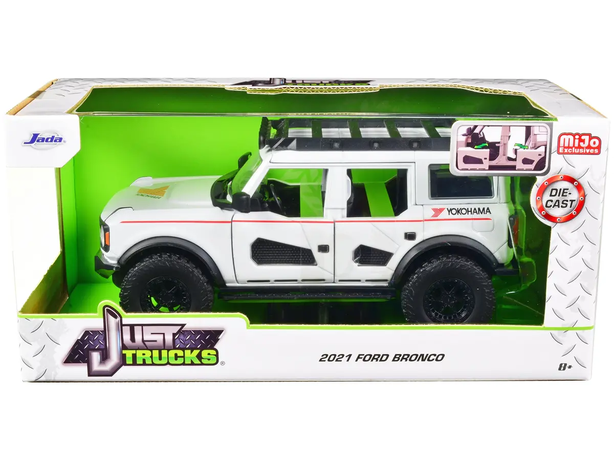 2021 Ford Bronco White With Red Stripes And Roof Rack "Yokohama Tires" "Just Trucks" Series 1/24 Diecast Model By Jada 1