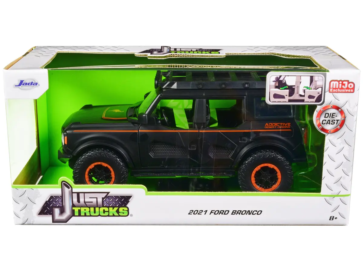 2021 Ford Bronco Matte Black With Orange Stripes And Roof Rack "Addictive Desert Designs" "Just Trucks" Series 1/24 Diecast Model By Jada 1
