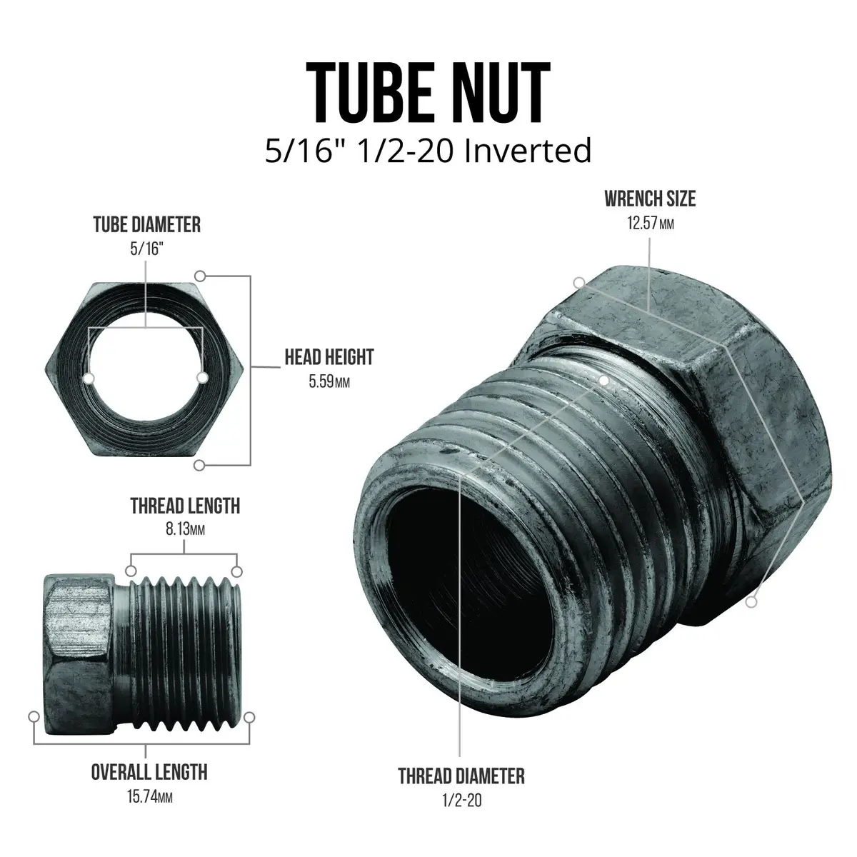 Brake Line Tube Nut | 5/16" (1/2-20 Inverted) | Black Oxide Coated Steel | 10Ct 2