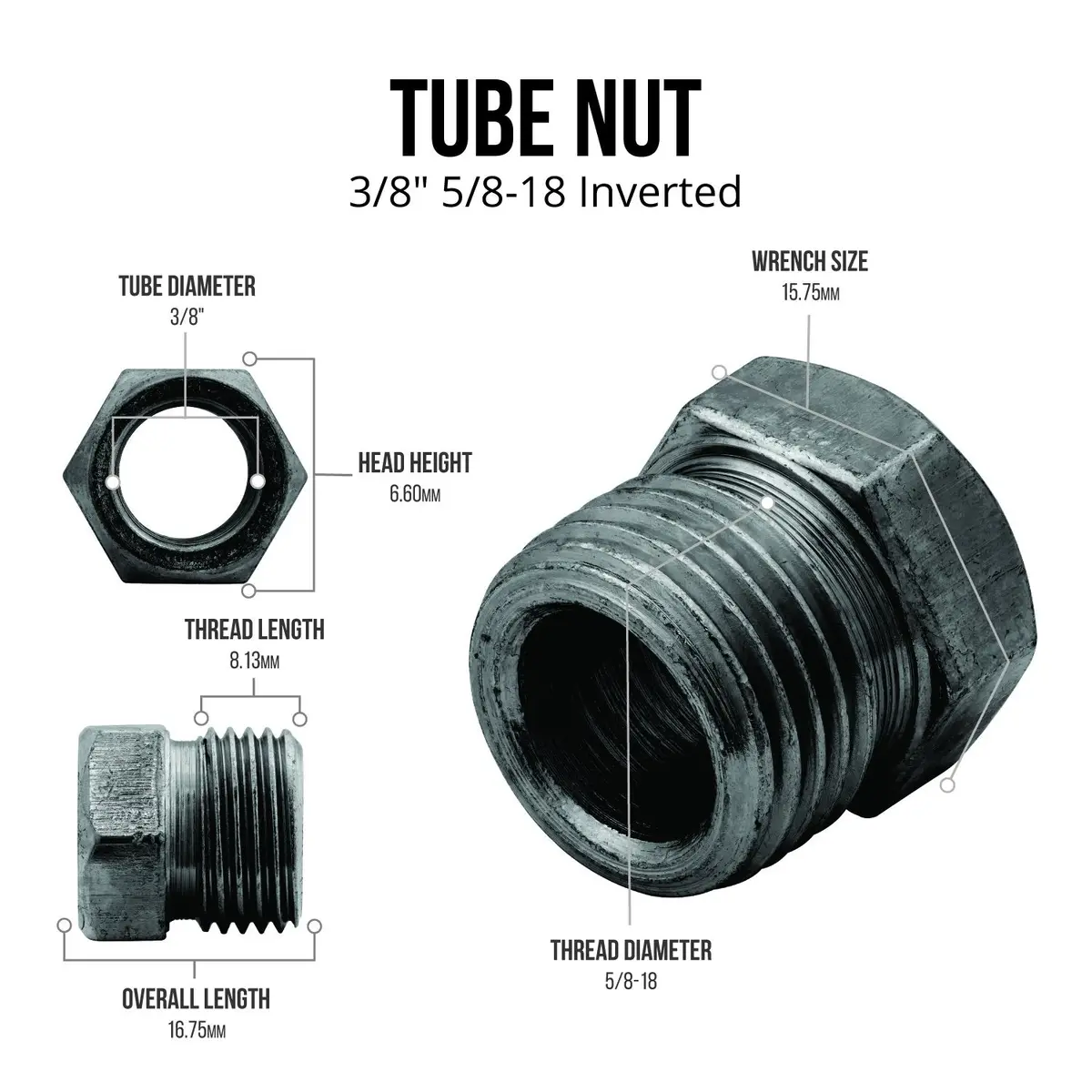 Brake Line Tube Nut | 3/8" (5/8-18 Inverted) | Black Oxide Coated Steel | 10Ct 2