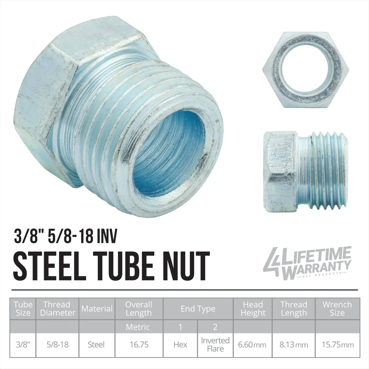 Brake Line Tube Nut | 3/8" (5/8-18 Inverted) | Black Oxide Coated Steel | Bag Of 10 2