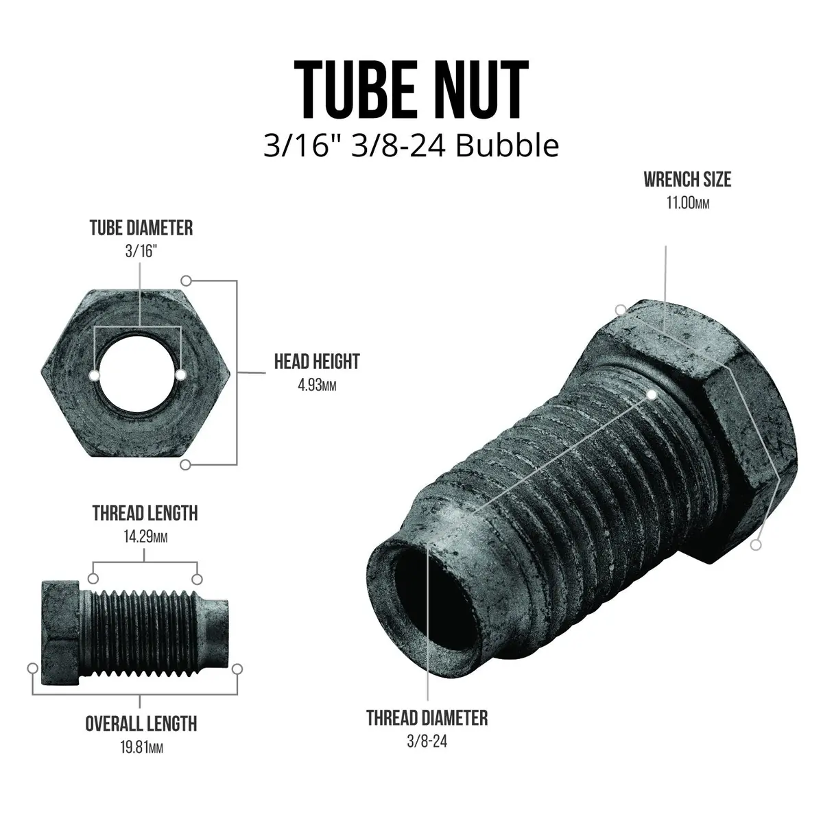 Brake Line Tube Nut | 3/16 (3/8-24 Bubble) | Black Oxide Coated Steel | 10Ct 2