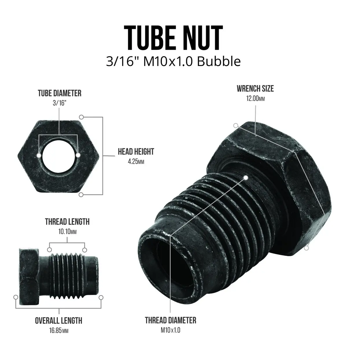 3/16" (M10x1.0 Bubble) Black Oxide Coated Steel Tube Nuts | 10Ct 2