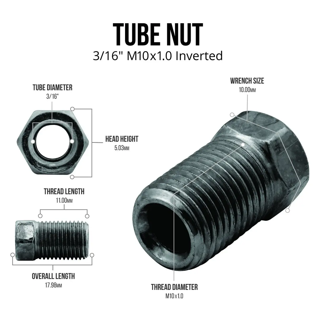 3/16" (M10x1.0 Inverted) Black Oxide Coated Steel Tube Nut | 10Ct 2