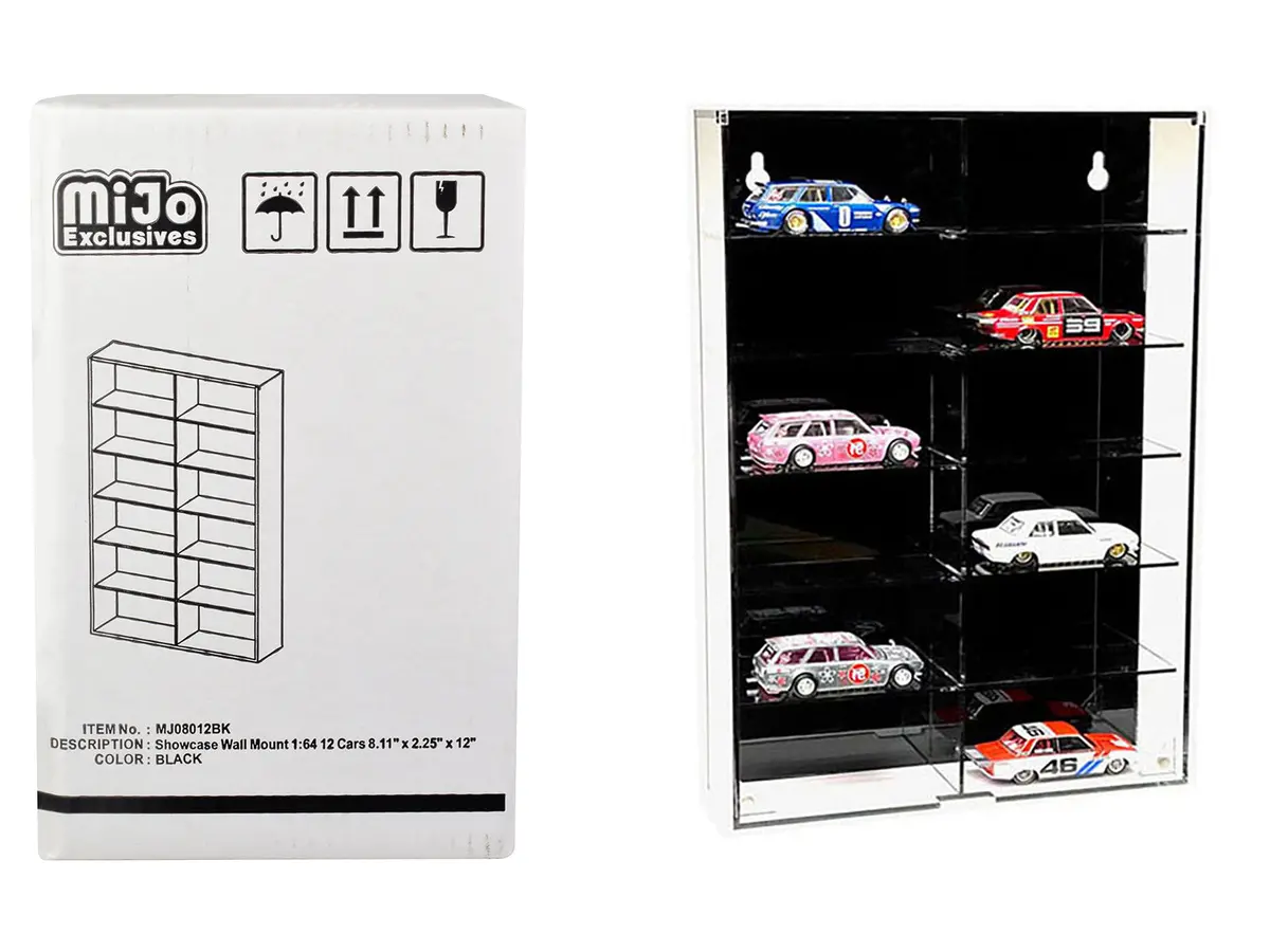 Acrylic 12 Car Display Case (Showcase Wall Mount With Black Back Panel) "Mijo Exclusives" For 1/64 Scale Models 1