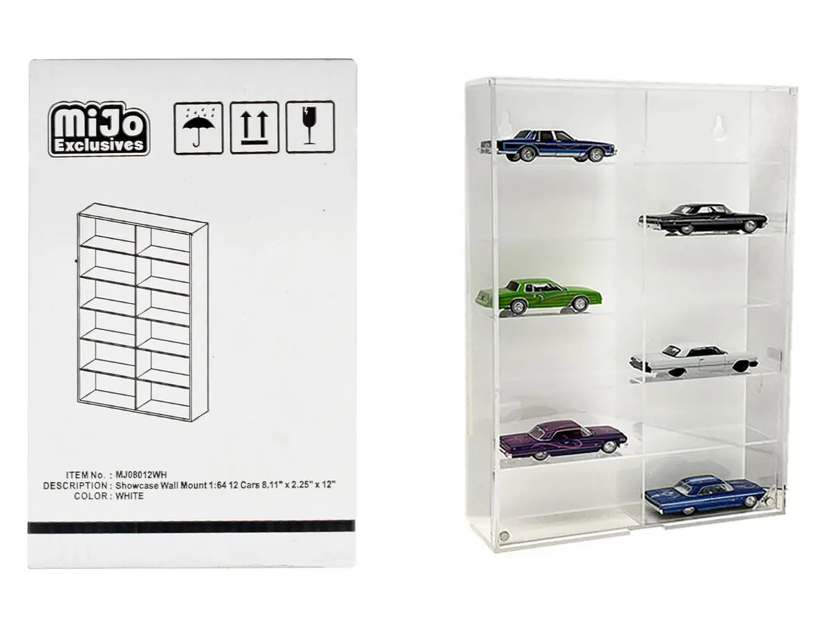 Acrylic 12 Car Display Case (Showcase Wall Mount With White Back Panel) "Mijo Exclusives" For 1/64 Scale Models 1